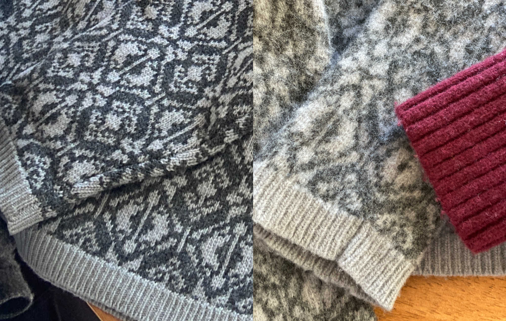 A side-by-side of two wool sweaters (one grey, one maroon) before and after the felting process. The "after" sweaters are stiffer and the colors have faded.